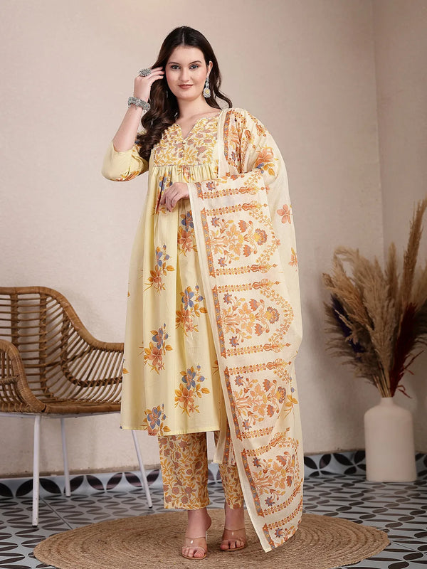 Yufta Yellow Pure Cotton A-Line Pleated Kurta Dupatta Pant Set