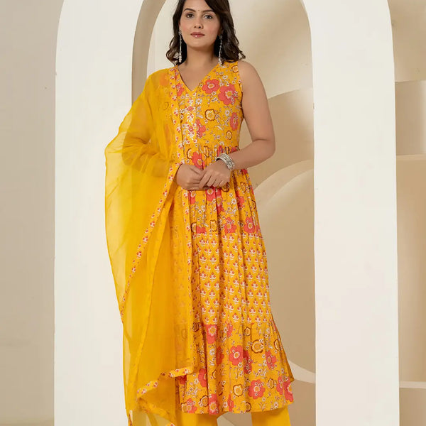 Yufta Yellow Pure Cotton Fit And Flare Tiered Kurta Trouser & Dupatta Set - Distacart