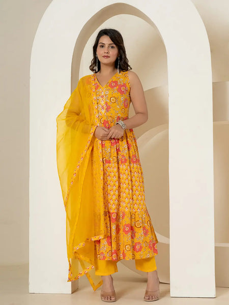 Yufta Yellow Pure Cotton Fit And Flare Tiered Kurta Trouser & Dupatta Set