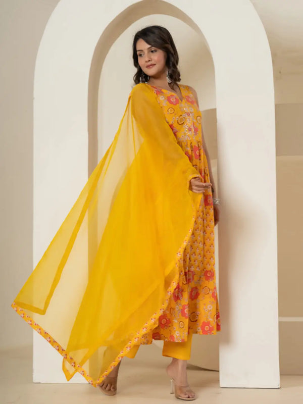 Yufta Yellow Pure Cotton Fit And Flare Tiered Kurta Trouser & Dupatta Set