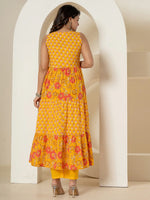 Thumbnail for Yufta Yellow Pure Cotton Fit And Flare Tiered Kurta Trouser & Dupatta Set