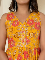 Thumbnail for Yufta Yellow Pure Cotton Fit And Flare Tiered Kurta Trouser & Dupatta Set