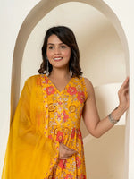 Thumbnail for Yufta Yellow Pure Cotton Fit And Flare Tiered Kurta Trouser & Dupatta Set