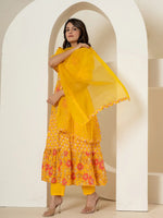 Thumbnail for Yufta Yellow Pure Cotton Fit And Flare Tiered Kurta Trouser & Dupatta Set