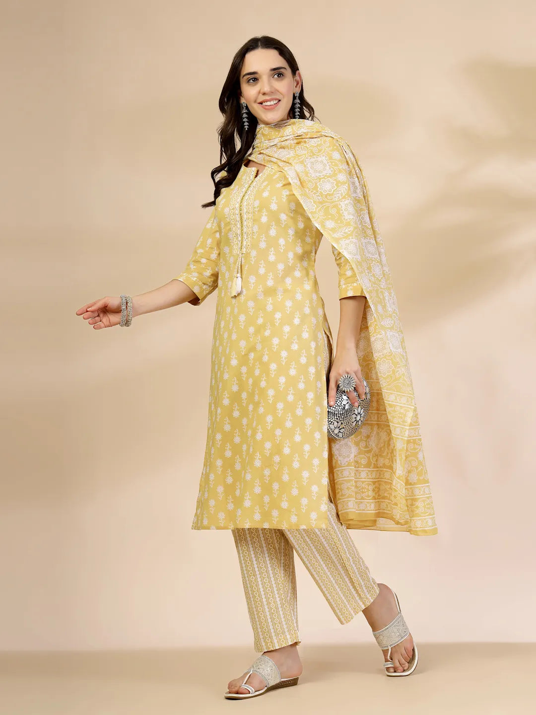 Yufta Yellow Pure Cotton Floral Lace Work Kurta Dupatta Pant Set - Distacart