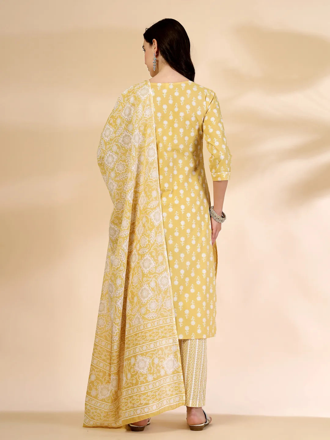 Yufta Yellow Pure Cotton Floral Lace Work Kurta Dupatta Pant Set