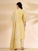 Thumbnail for Yufta Yellow Pure Cotton Floral Lace Work Kurta Dupatta Pant Set