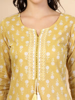 Thumbnail for Yufta Yellow Pure Cotton Floral Lace Work Kurta Dupatta Pant Set