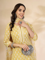 Thumbnail for Yufta Yellow Pure Cotton Floral Lace Work Kurta Dupatta Pant Set
