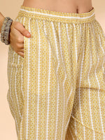 Thumbnail for Yufta Yellow Pure Cotton Floral Lace Work Kurta Dupatta Pant Set