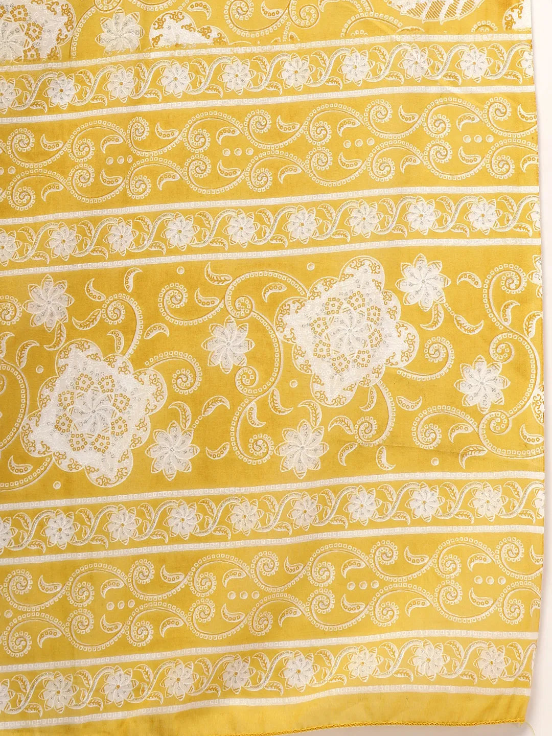 Yufta Yellow Pure Cotton Floral Lace Work Kurta Dupatta Pant Set