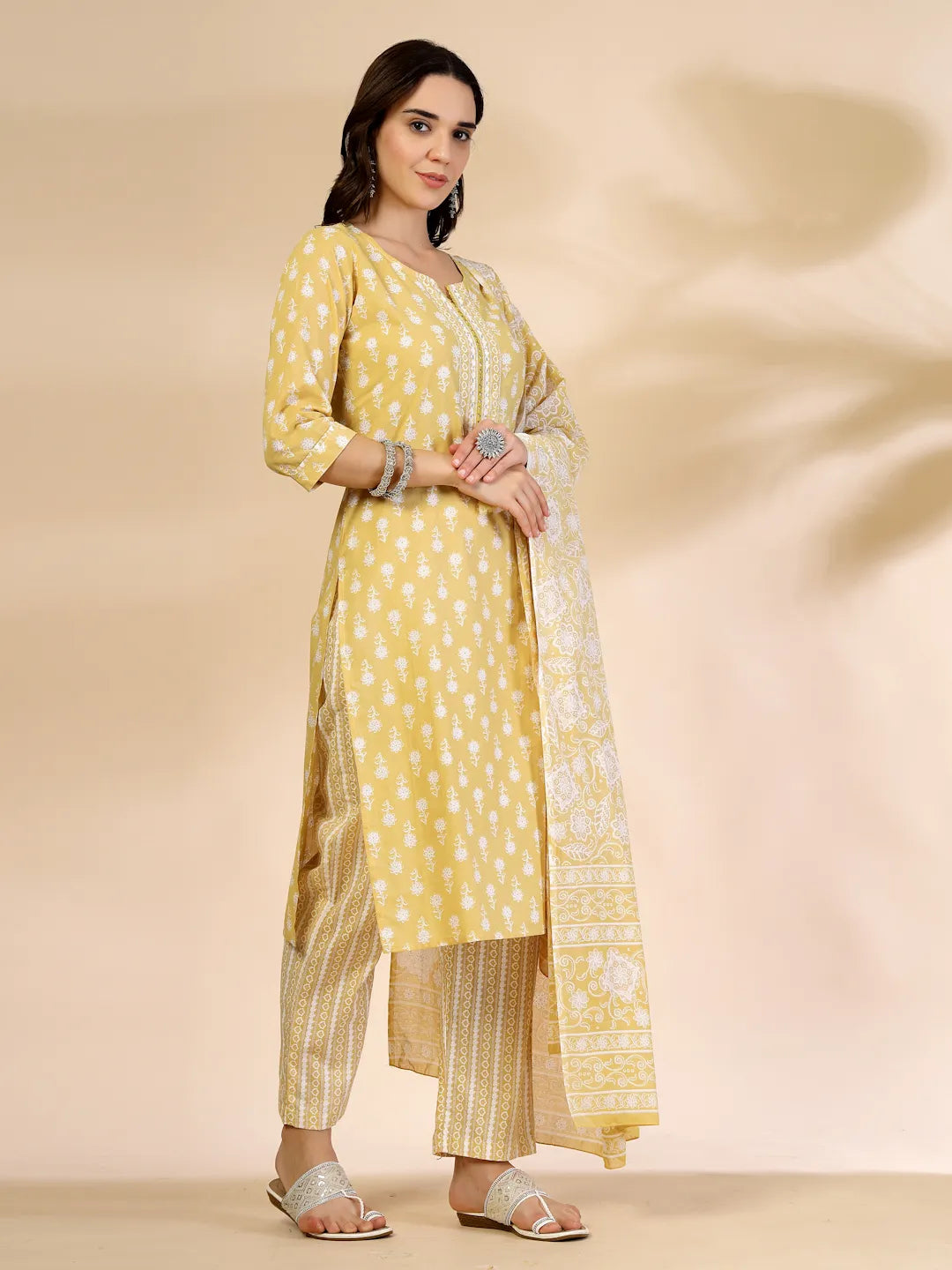 Yufta Yellow Pure Cotton Floral Lace Work Kurta Dupatta Pant Set - Distacart