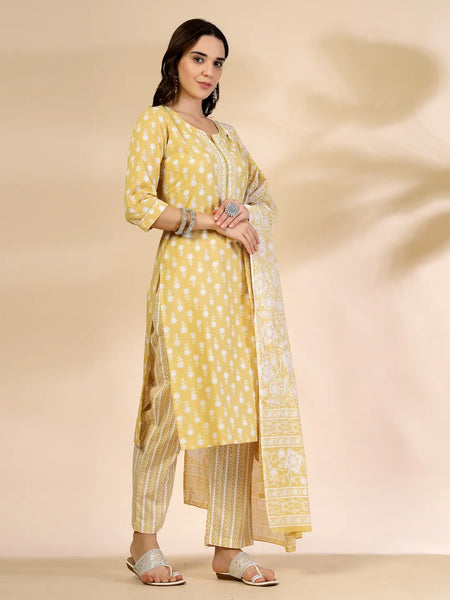 Yufta Yellow Pure Cotton Floral Lace Work Kurta Dupatta Pant Set