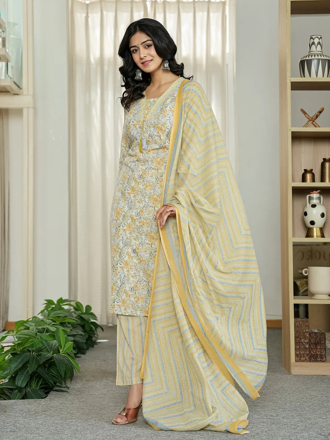 Yufta Yellow Pure Cotton Floral Print Kurta Dupatta Pant Set - Distacart
