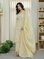 Thumbnail for Yufta Yellow Pure Cotton Floral Print Kurta Dupatta Pant Set