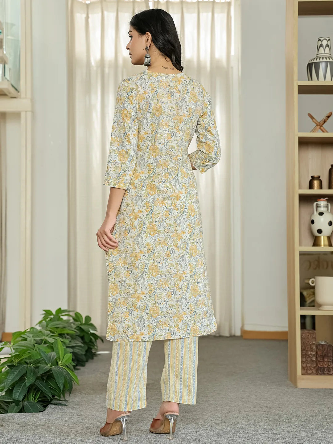 Yufta Yellow Pure Cotton Floral Print Kurta Dupatta Pant Set
