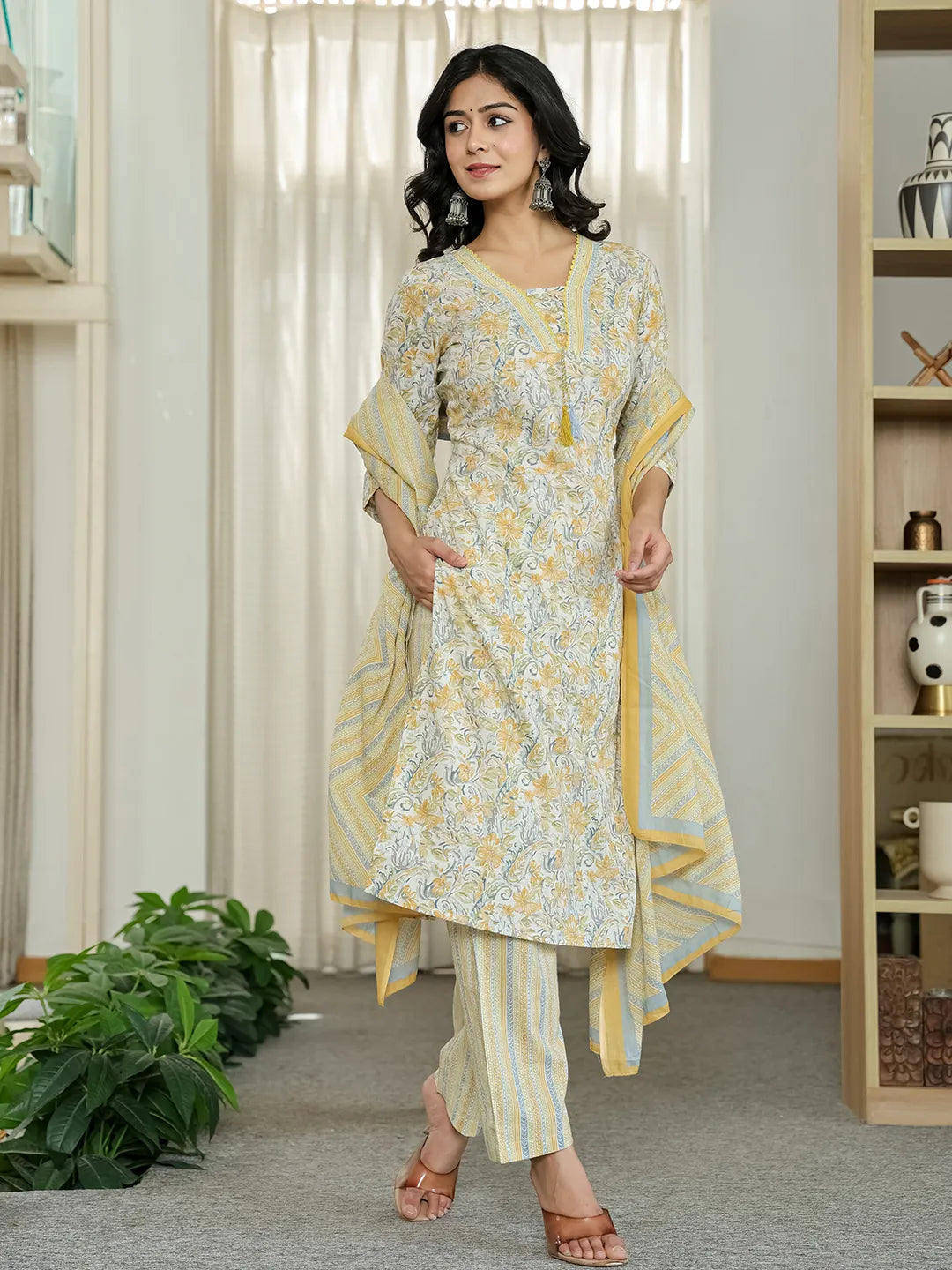 Yufta Yellow Pure Cotton Floral Print Kurta Dupatta Pant Set