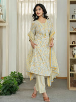Thumbnail for Yufta Yellow Pure Cotton Floral Print Kurta Dupatta Pant Set