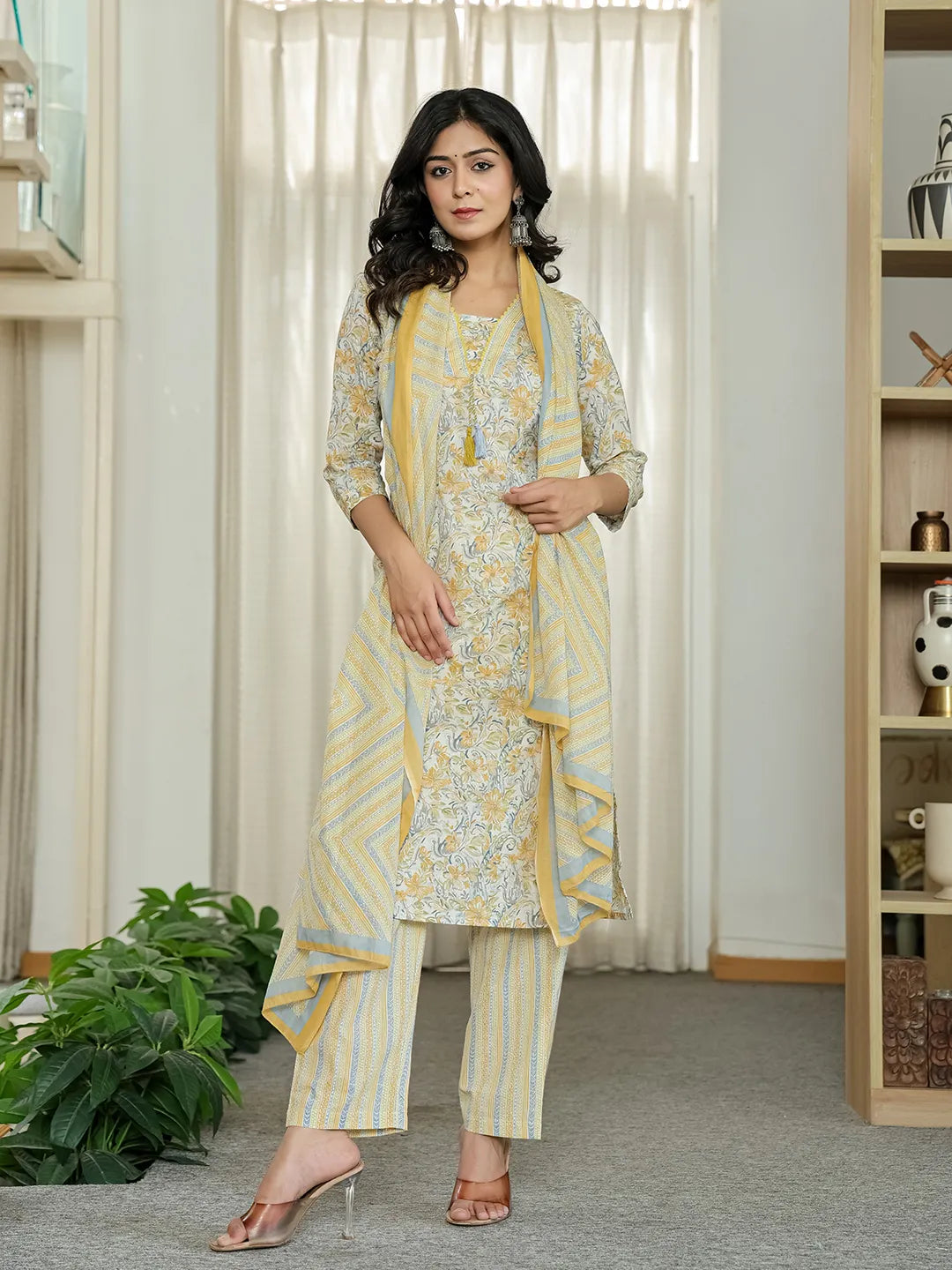 Yufta Yellow Pure Cotton Floral Print Kurta Dupatta Pant Set