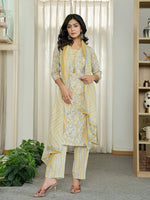 Thumbnail for Yufta Yellow Pure Cotton Floral Print Kurta Dupatta Pant Set