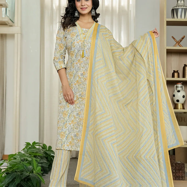 Yufta Yellow Pure Cotton Floral Print Kurta Dupatta Pant Set - Distacart