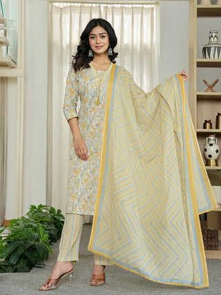 Yufta Yellow Pure Cotton Floral Print Kurta Dupatta Pant Set