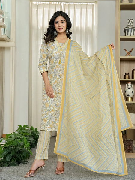 Yufta Yellow Pure Cotton Floral Print Kurta Dupatta Pant Set