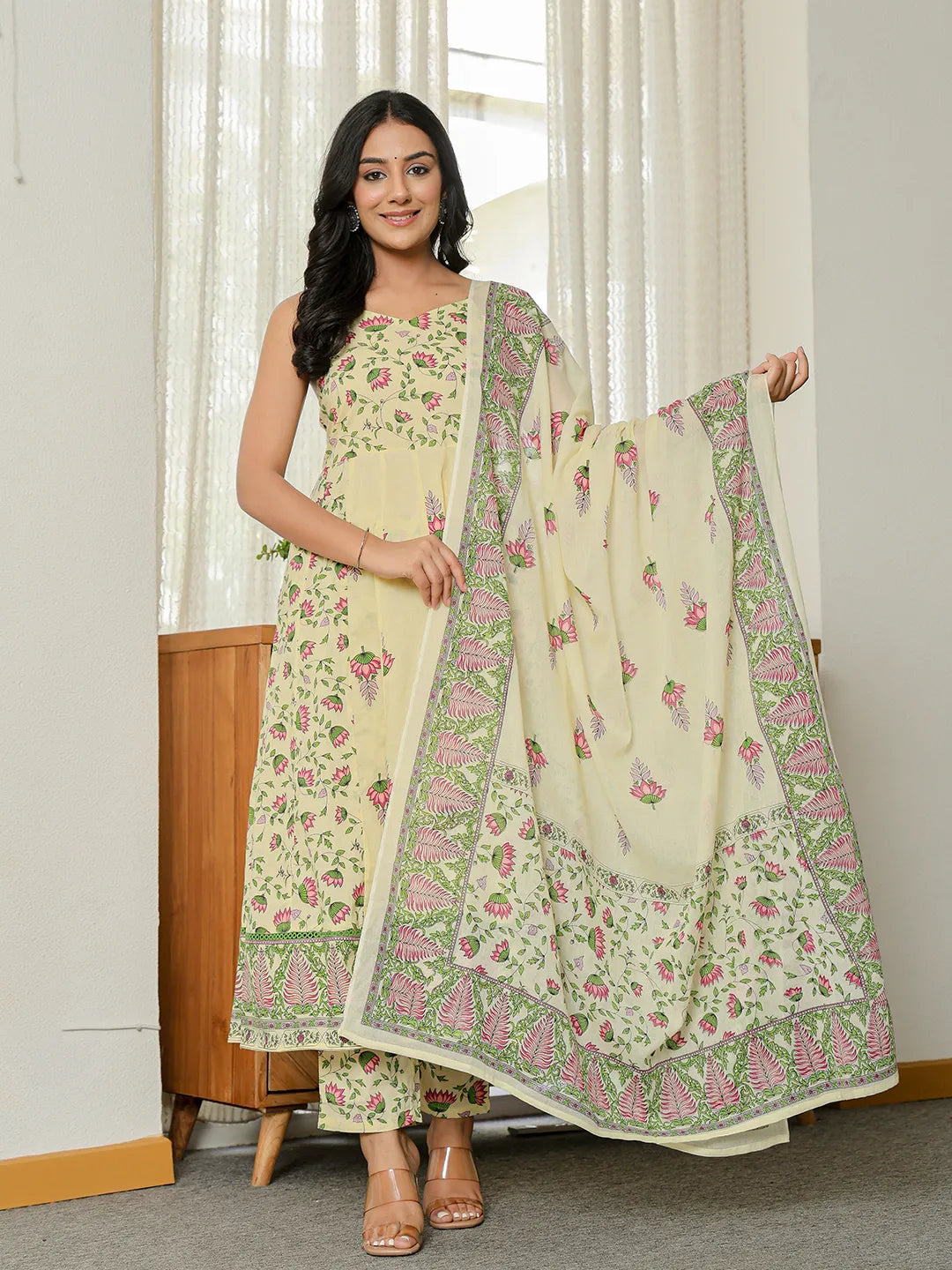Yufta Yellow Pure Cotton Sleeveless Strappy Anarkali Kurta Dupatta Set