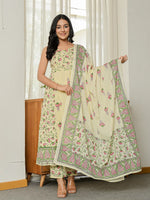 Thumbnail for Yufta Yellow Pure Cotton Sleeveless Strappy Anarkali Kurta Dupatta Set