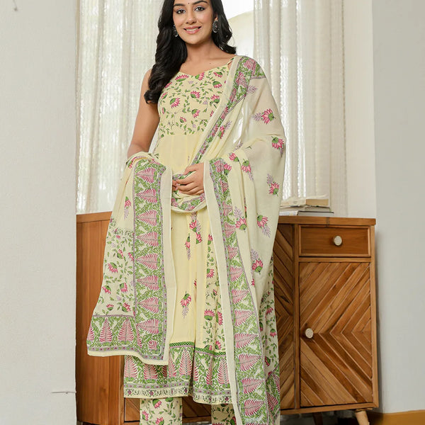 Yufta Yellow Pure Cotton Sleeveless Strappy Anarkali Kurta Dupatta Set - Distacart