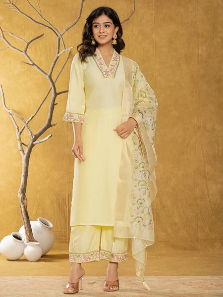 Yufta Yellow Silk Blend Pakistani Style Kurta Dupatta Set