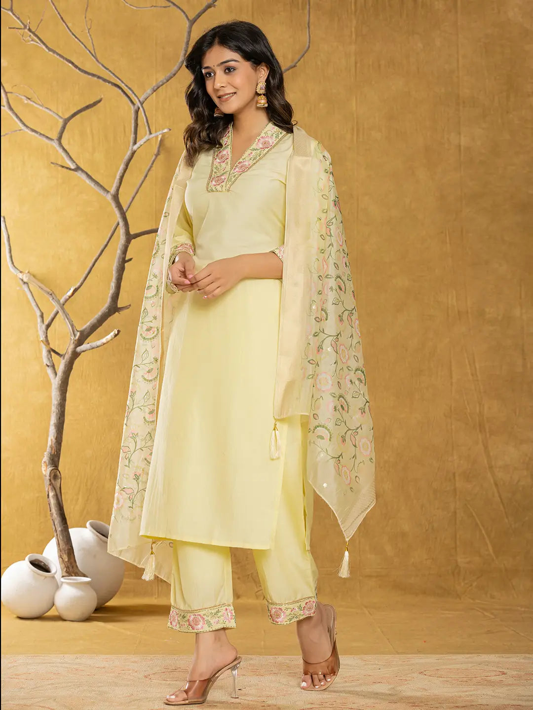 Yufta Yellow Silk Blend Pakistani Style Kurta Dupatta Set - Distacart
