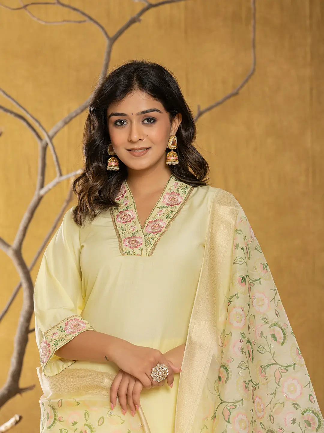 Yufta Yellow Silk Blend Pakistani Style Kurta Dupatta Set