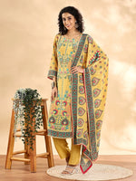 Thumbnail for Yufta Yellow Silk Crepe Cutdana Work Straight Kurta Dupatta Pant Set