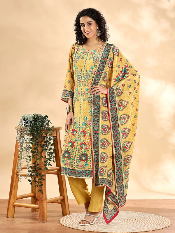 Yufta Yellow Silk Crepe Cutdana Work Straight Kurta Dupatta Pant Set