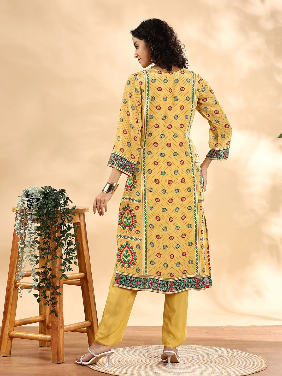 Yufta Yellow Silk Crepe Cutdana Work Straight Kurta Dupatta Pant Set