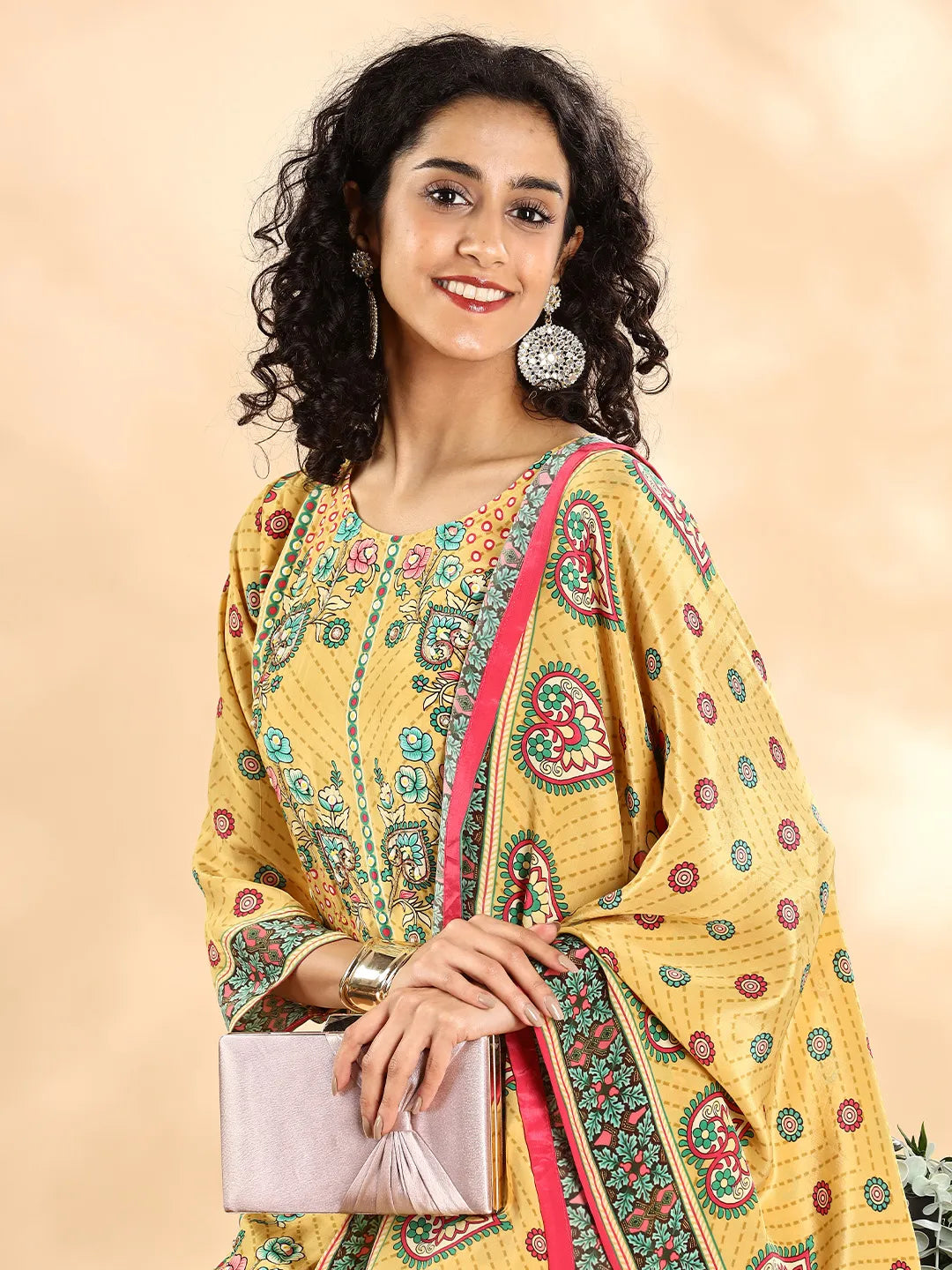 Yufta Yellow Silk Crepe Cutdana Work Straight Kurta Dupatta Pant Set