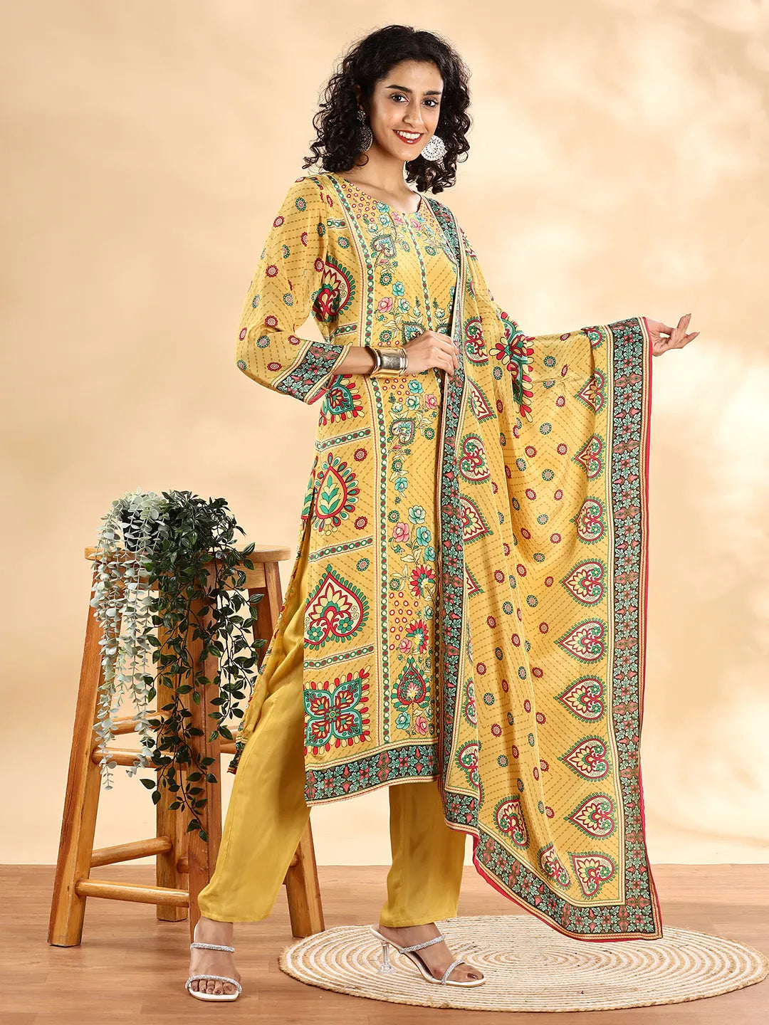 Yufta Yellow Silk Crepe Cutdana Work Straight Kurta Dupatta Pant Set