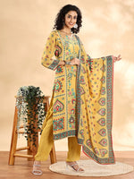 Thumbnail for Yufta Yellow Silk Crepe Cutdana Work Straight Kurta Dupatta Pant Set