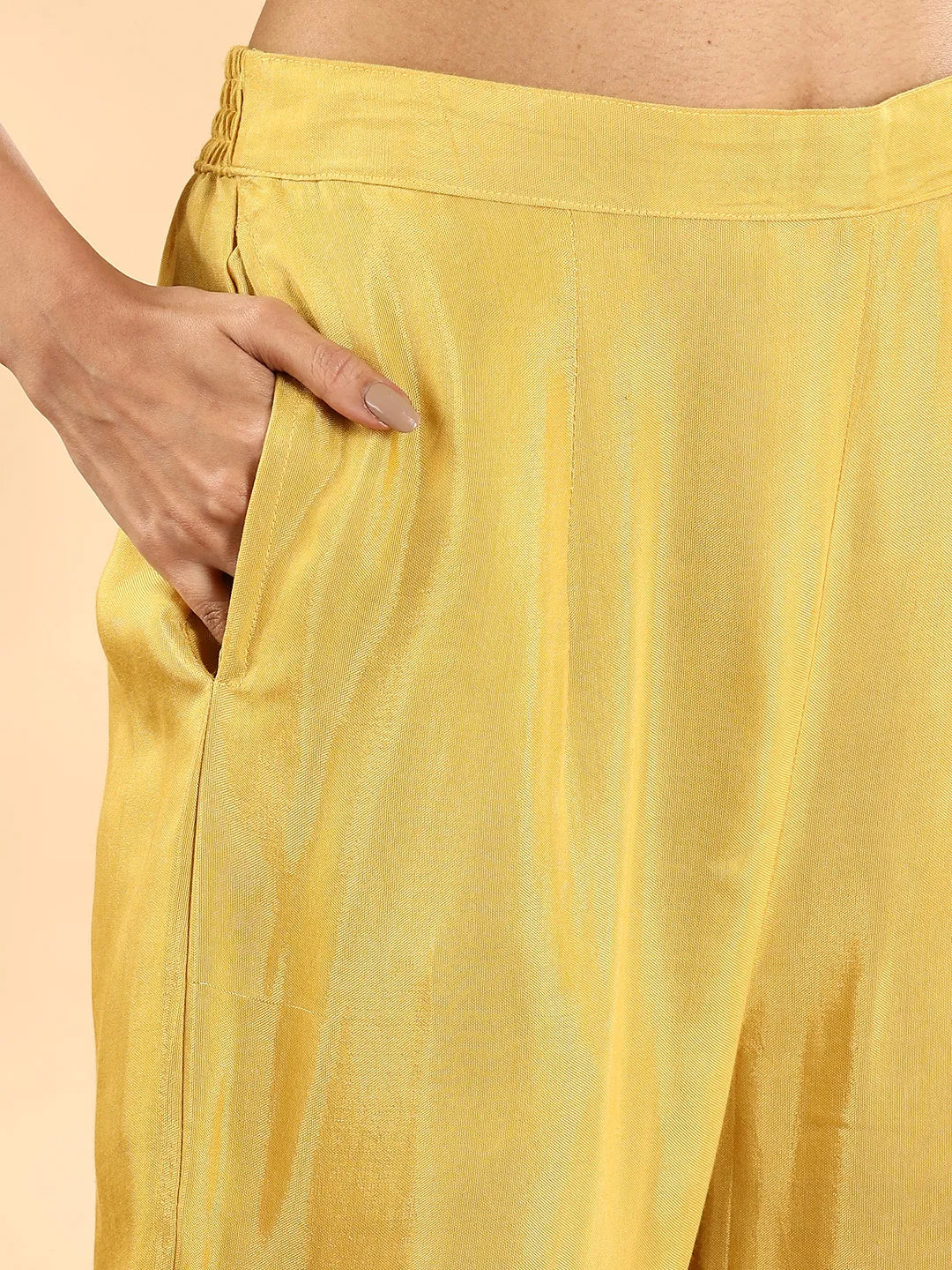 Yufta Yellow Silk Crepe Cutdana Work Straight Kurta Dupatta Pant Set