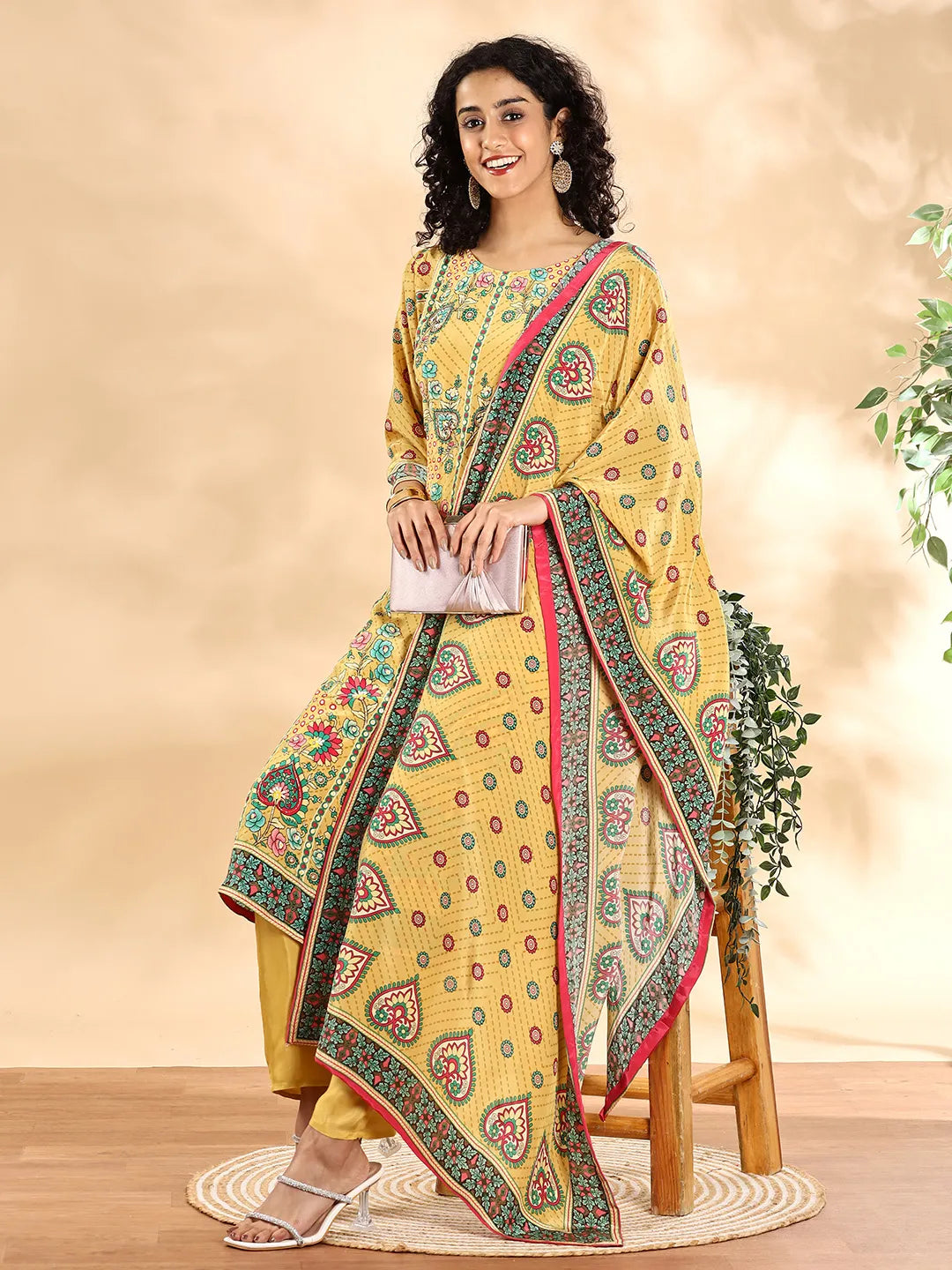 Yufta Yellow Silk Crepe Cutdana Work Straight Kurta Dupatta Pant Set