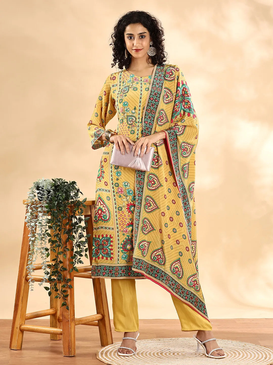 Yufta Yellow Silk Crepe Cutdana Work Straight Kurta Dupatta Pant Set - Distacart