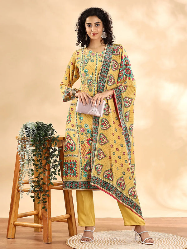 Yufta Yellow Silk Crepe Cutdana Work Straight Kurta Dupatta Pant Set