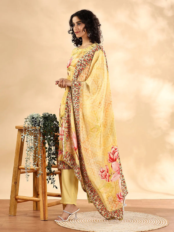 Yufta Yellow Silk Crepe Sequins Work Straight Kurta Dupatta Pant Set