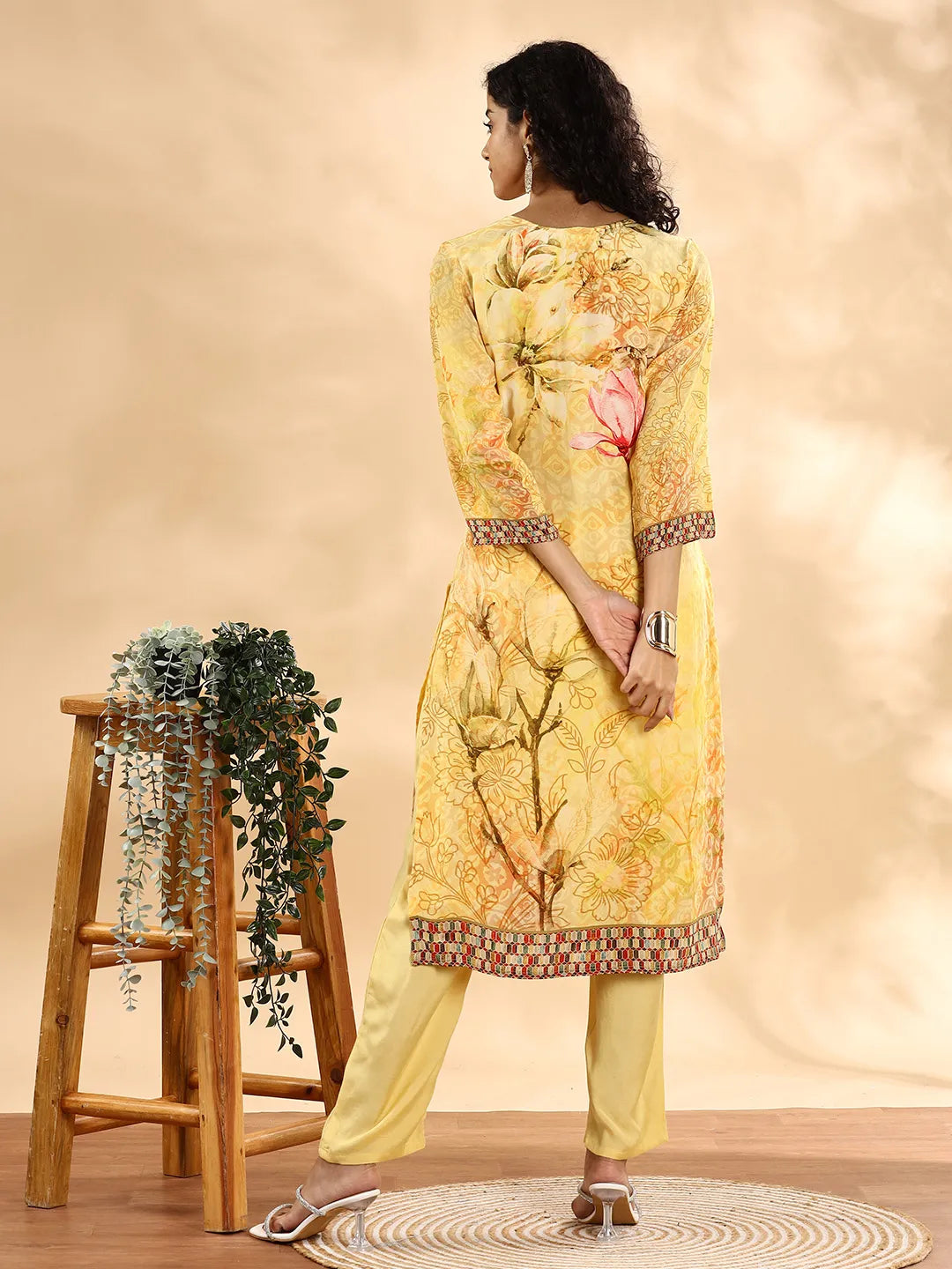 Yufta Yellow Silk Crepe Sequins Work Straight Kurta Dupatta Pant Set