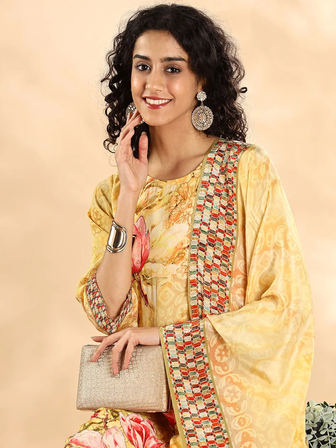 Yufta Yellow Silk Crepe Sequins Work Straight Kurta Dupatta Pant Set