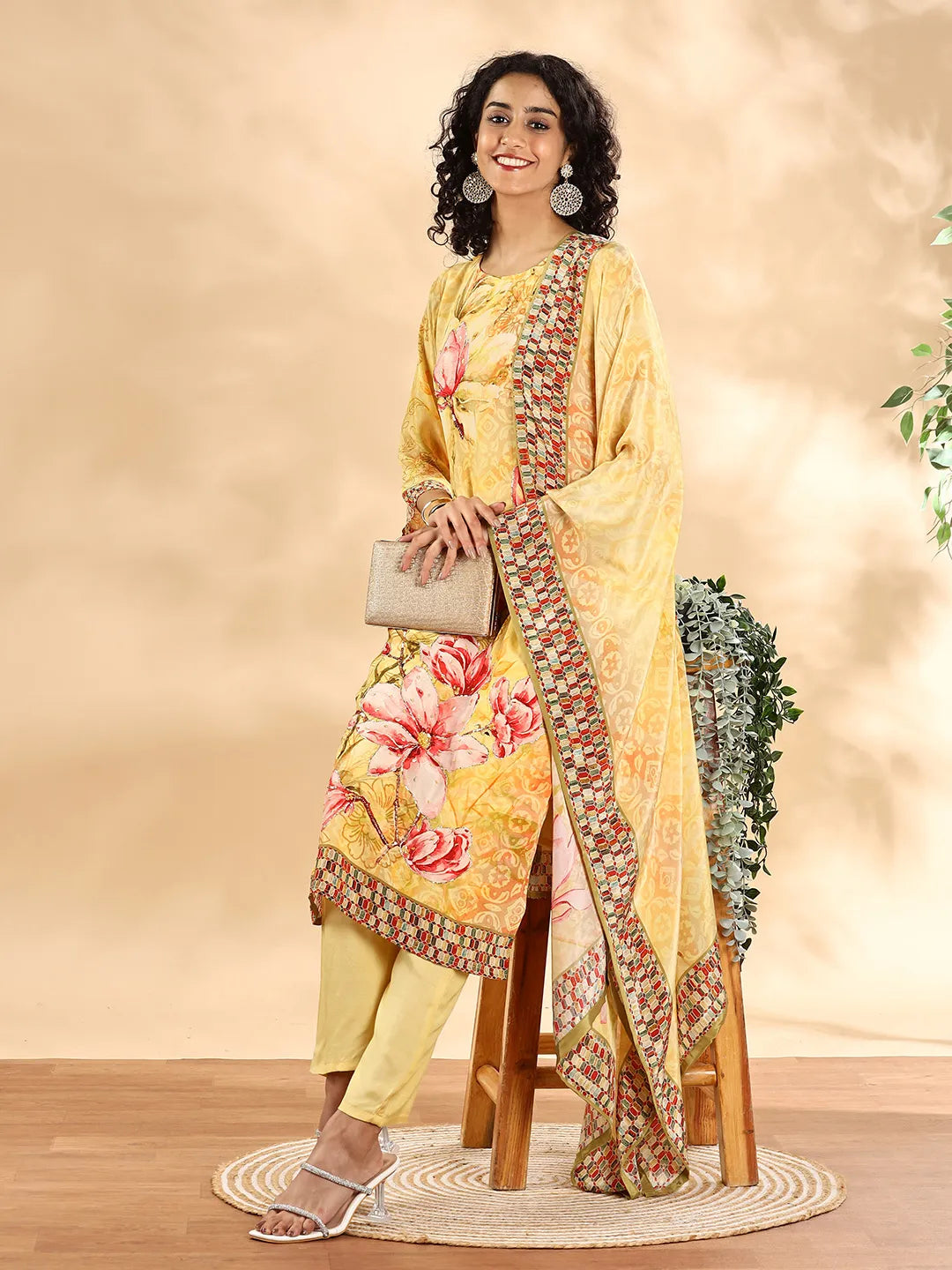 Yufta Yellow Silk Crepe Sequins Work Straight Kurta Dupatta Pant Set