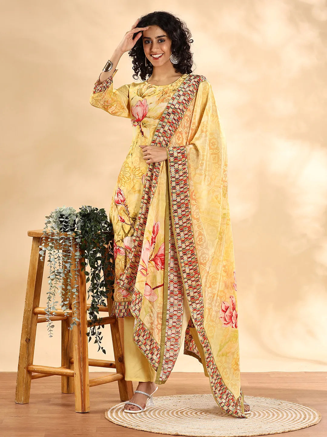 Yufta Yellow Silk Crepe Sequins Work Straight Kurta Dupatta Pant Set - Distacart