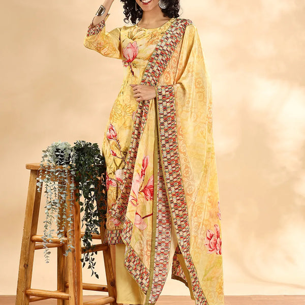 Yufta Yellow Silk Crepe Sequins Work Straight Kurta Dupatta Pant Set - Distacart