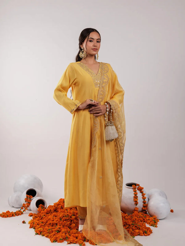Yufta Yellow Silk Embroidered Kurta Dupatta Set